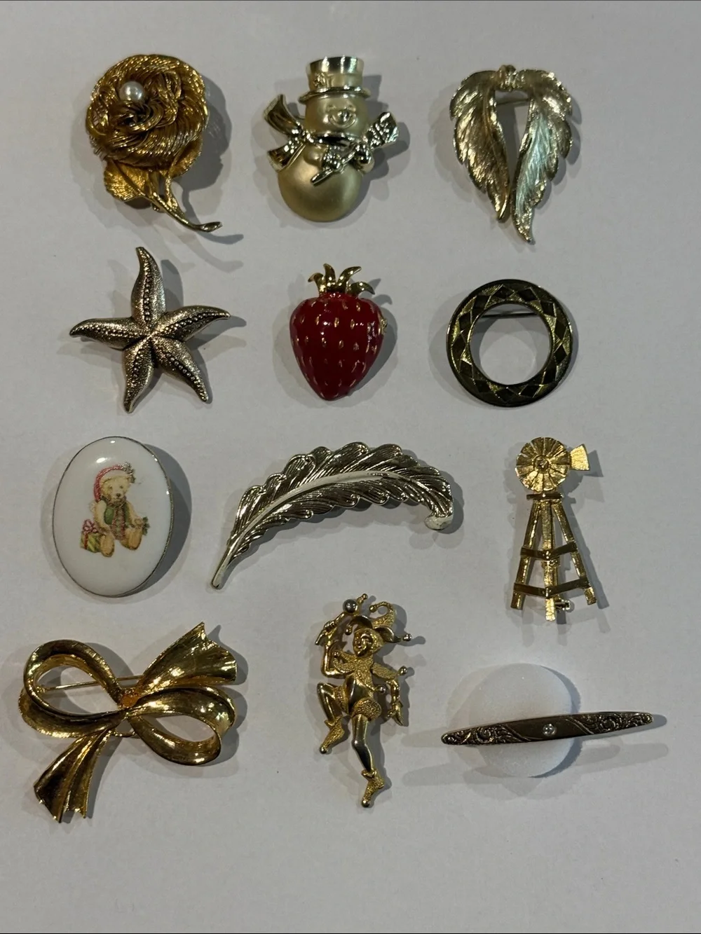 Vintage lot of 12 Assorted Brooch Pin Set / 3 Signed Ali Cathe and Avon Goldtone